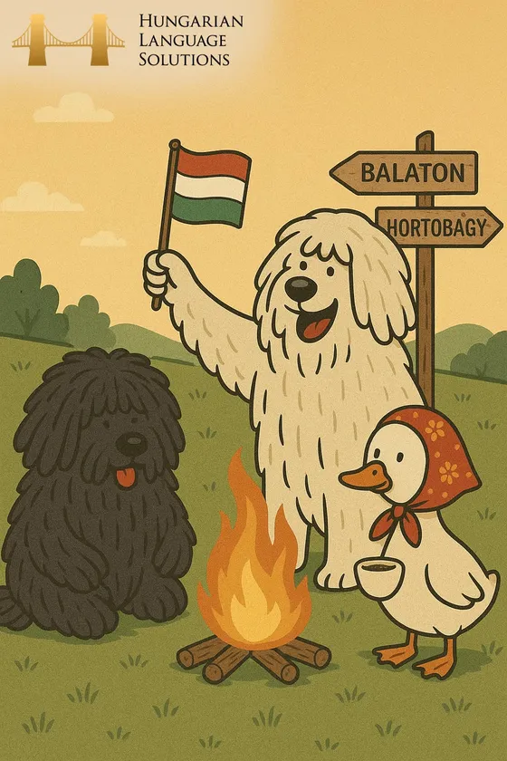 A puli, a komondor and a goose in a headscarf around a campfire, waving a Hungarian flag
